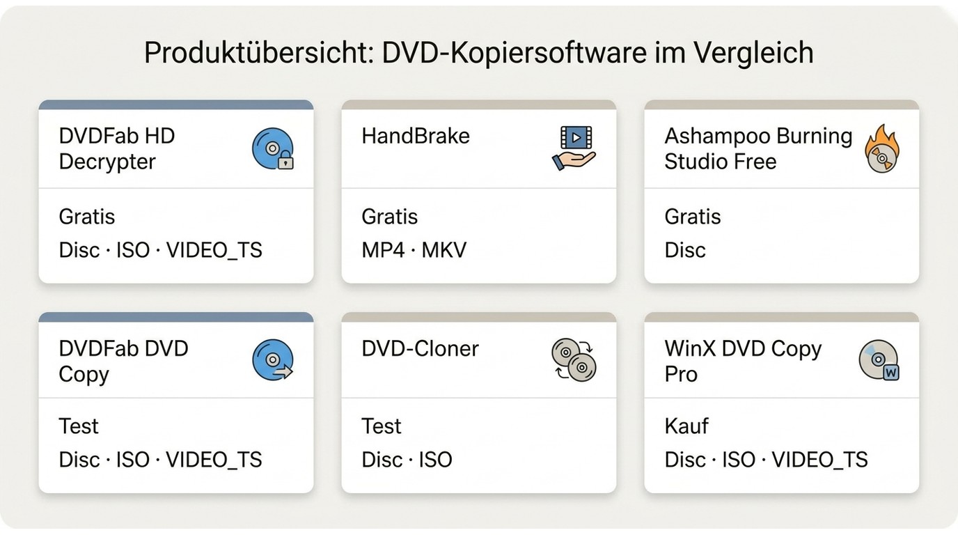 Gratisstatus und Ausgabeformate von sechs aktuellen DVD-Programmen im Vergleich