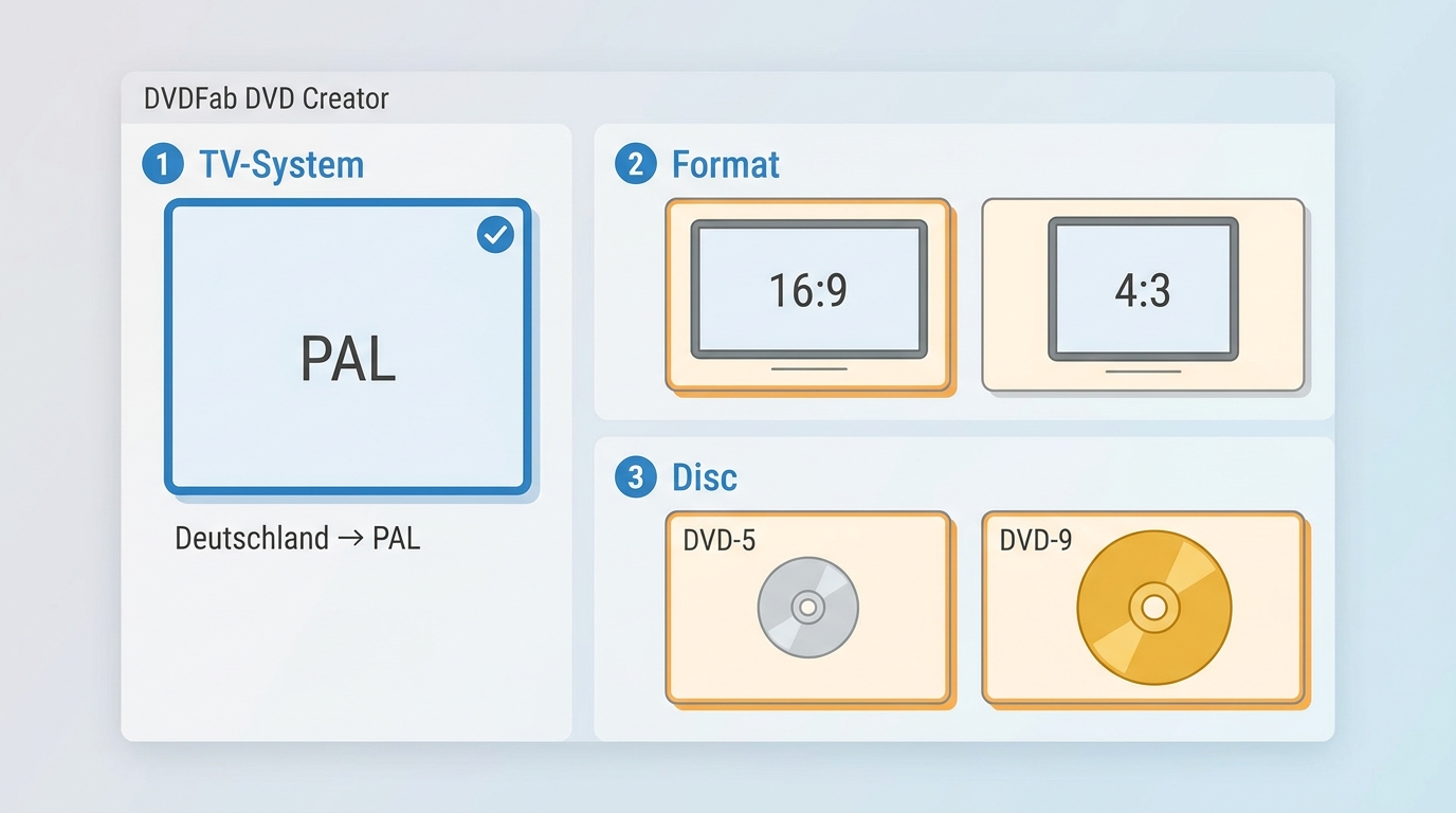 PAL, 16:9 oder 4:3 sowie DVD-5 und DVD-9 passend zum Projekt wählen