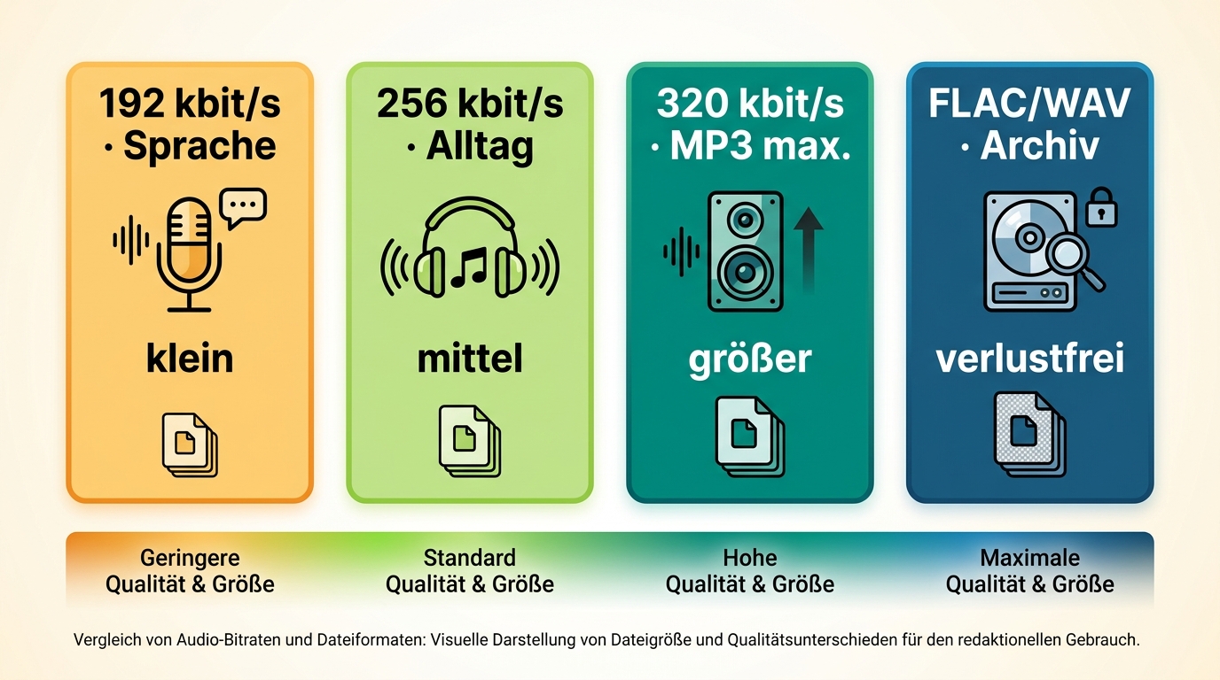 MP3-Bitraten 192, 256 und 320 kbit/s im Vergleich zu FLAC und WAV