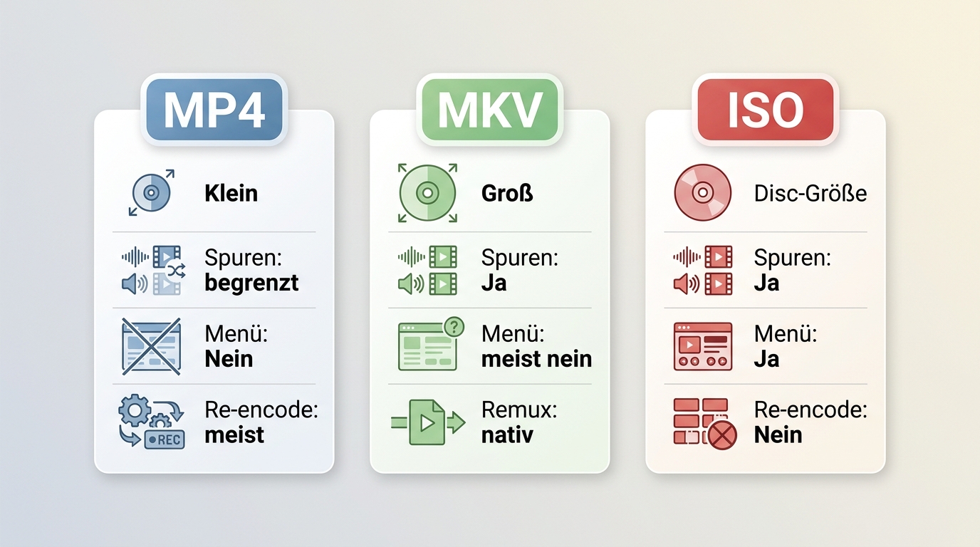 Vergleich von MP4, MKV und ISO nach Größe, Spuren, Menüs und Neukodierung
