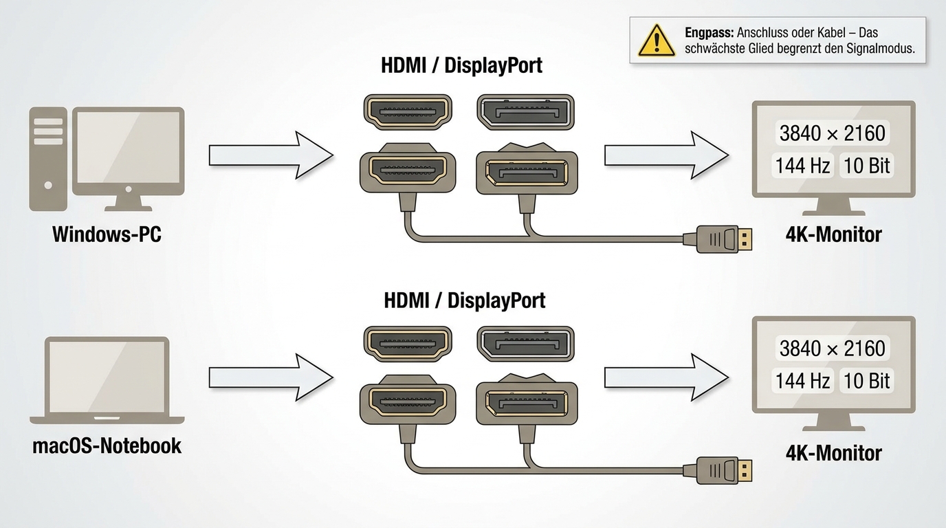 4K-Signalkette von Windows oder macOS über HDMI oder DisplayPort bis zum Monitor