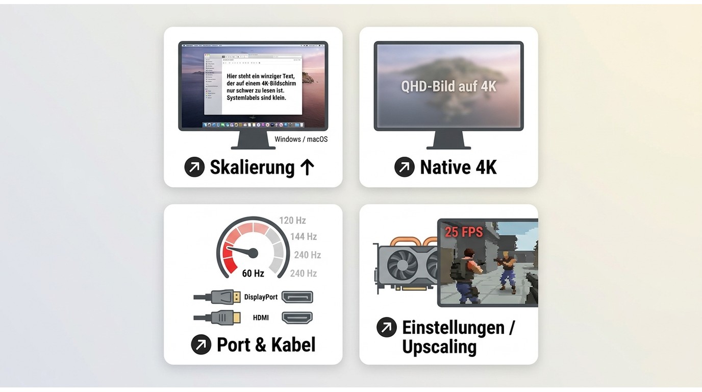 Diagnose für kleine 4K-Schrift, weiches QHD-Bild, fehlende Hertz und niedrige FPS