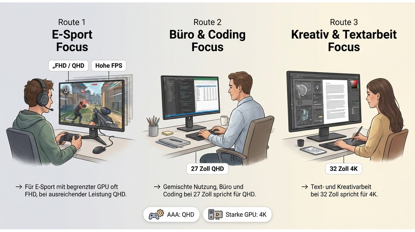 Entscheidungshilfe für FHD, QHD oder 4K nach Gaming, Büro, Coding und Kreativarbeit