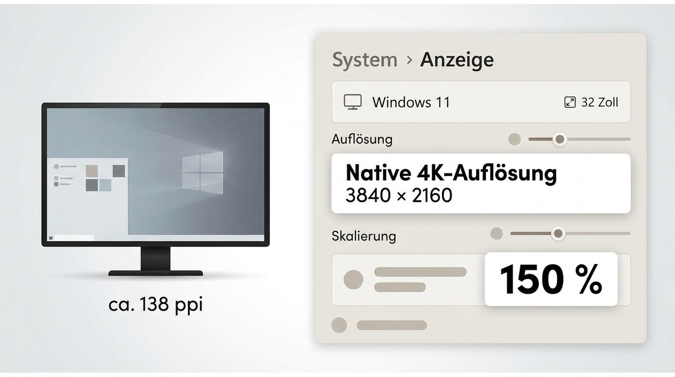 Windows-11-Anzeigeeinstellungen mit nativer 4K-Auflösung und 150 % Skalierung