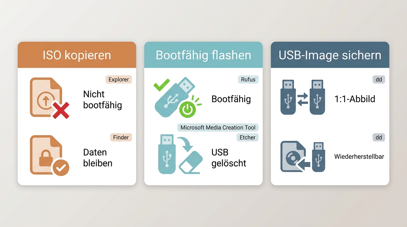 Vergleich von ISO-Kopie, bootfähigem Flashen und vollständiger USB-Abbildsicherung