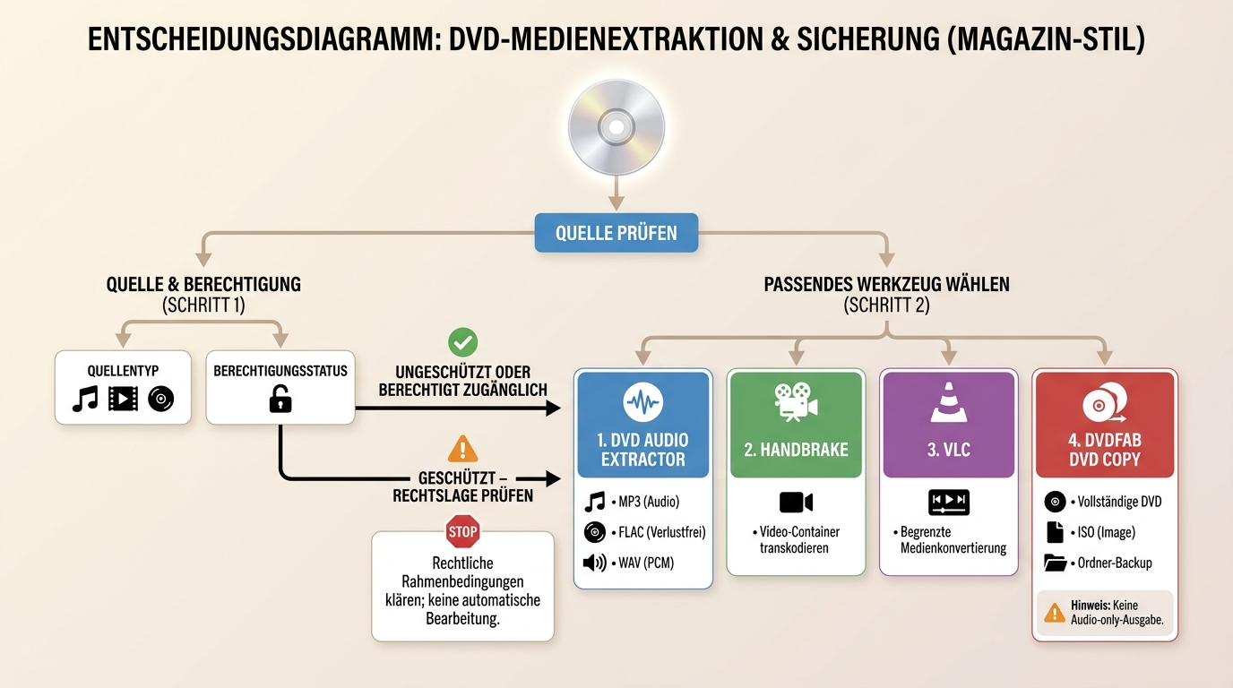 Quellenprüfung vor der Wahl von DVD Audio Extractor, HandBrake, VLC oder DVDFab DVD Copy