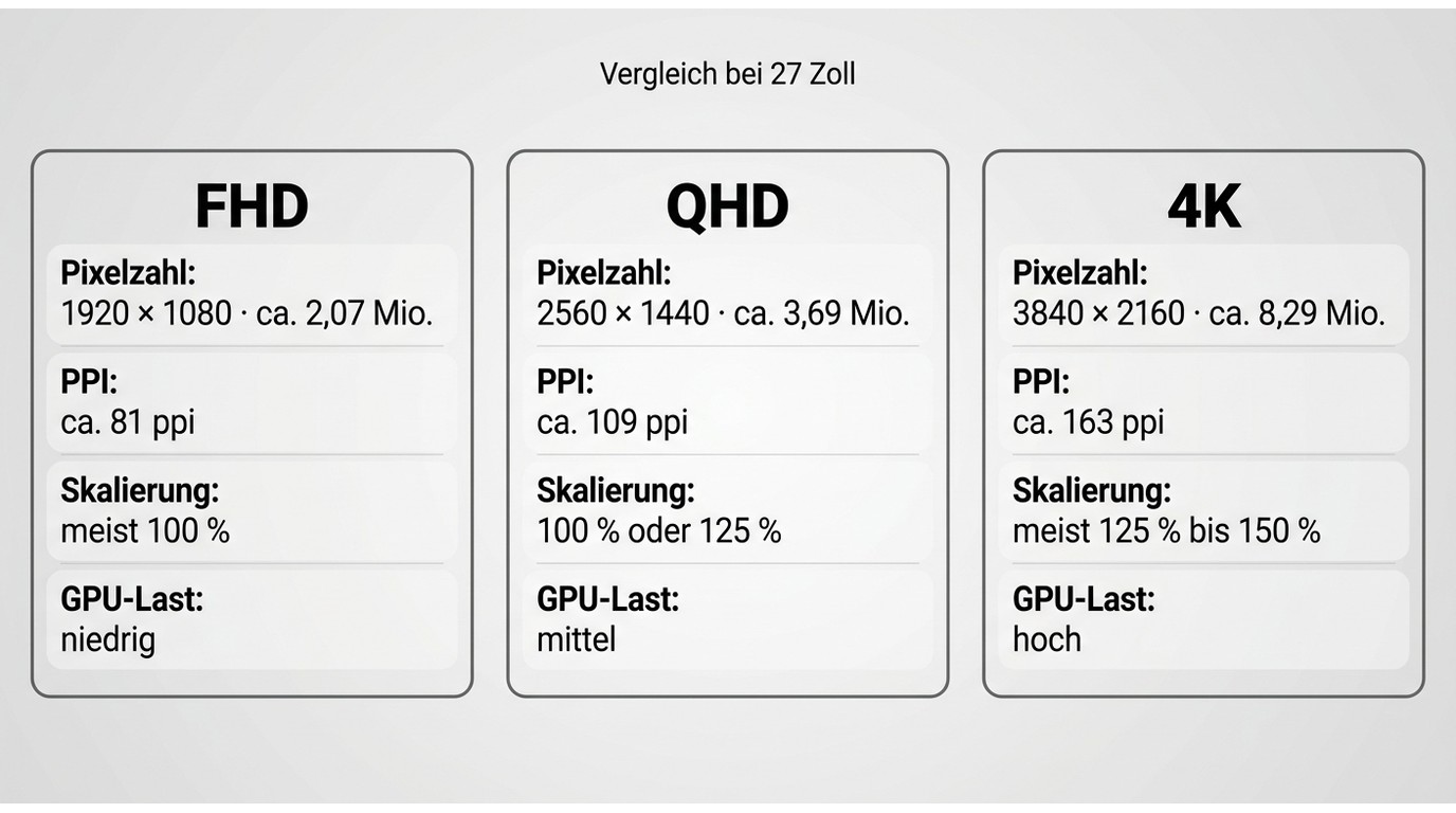 FHD, QHD und 4K im Vergleich nach Pixelzahl, PPI, Skalierung und GPU-Last