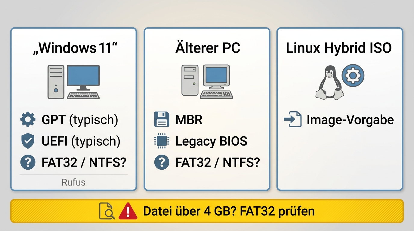 GPT, MBR, UEFI, FAT32 und NTFS für Windows 11, ältere PCs und Linux-ISOs