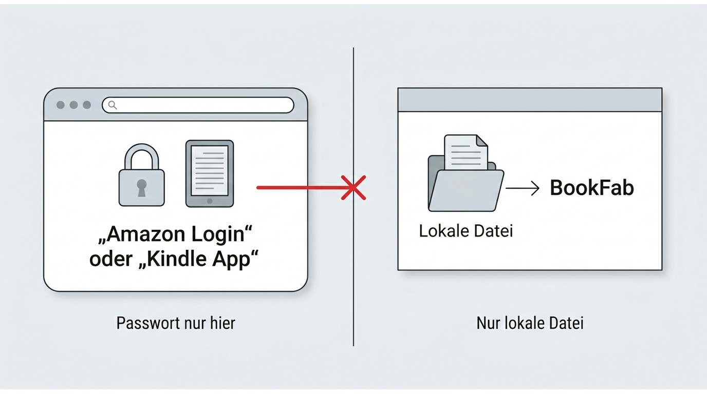 Getrennter Ablauf mit Amazon-Login in offizieller Umgebung und lokaler Datei in BookFab.