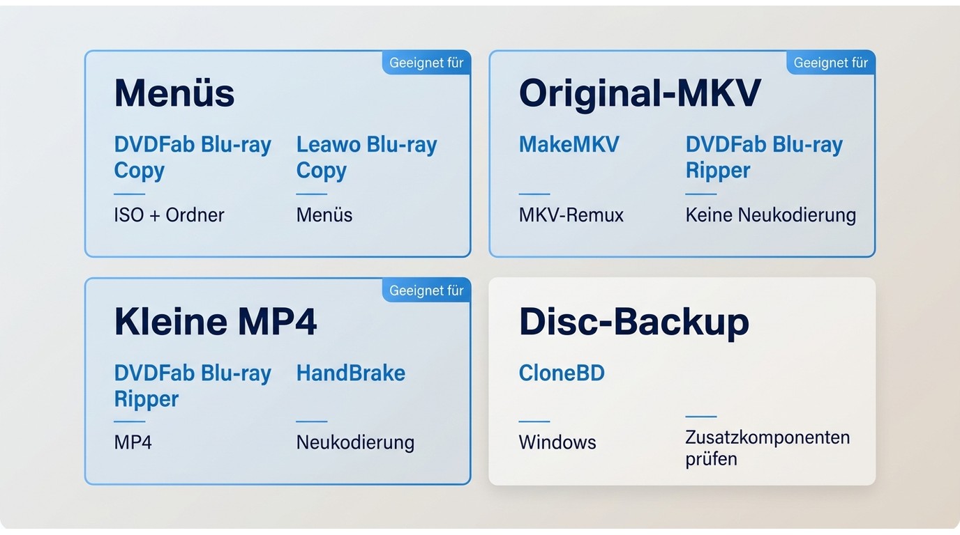 Vergleich von DVDFab, MakeMKV, HandBrake, Leawo und CloneBD nach ISO, MKV und MP4