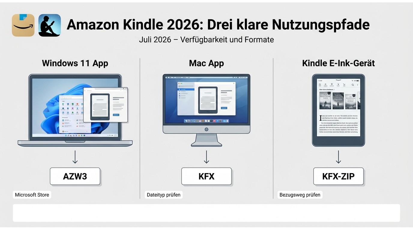 Überblick zu Kindle 2026 mit Windows-App, Mac, E-Ink-Gerät und den Formaten AZW3, KFX, KFX-ZIP.