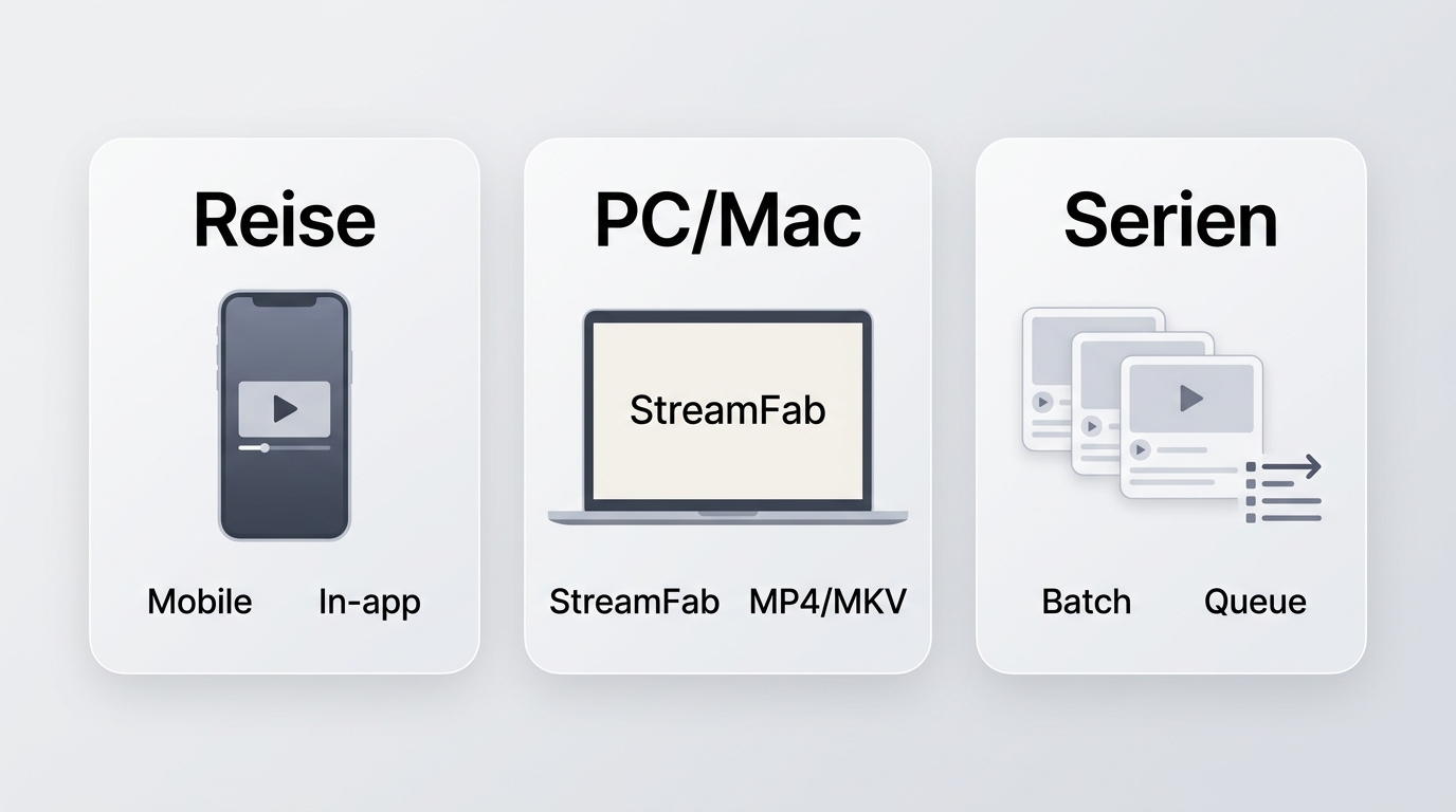 Nutzungsszenarien für Disney+ App und StreamFab je nach Reise, PC/Mac und Serienbedarf