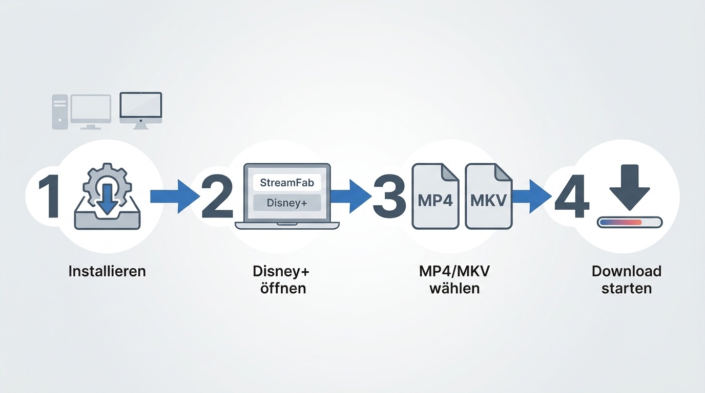 Ablauf mit StreamFab von Disney+ Anmeldung bis MP4/MKV und Warteschlange