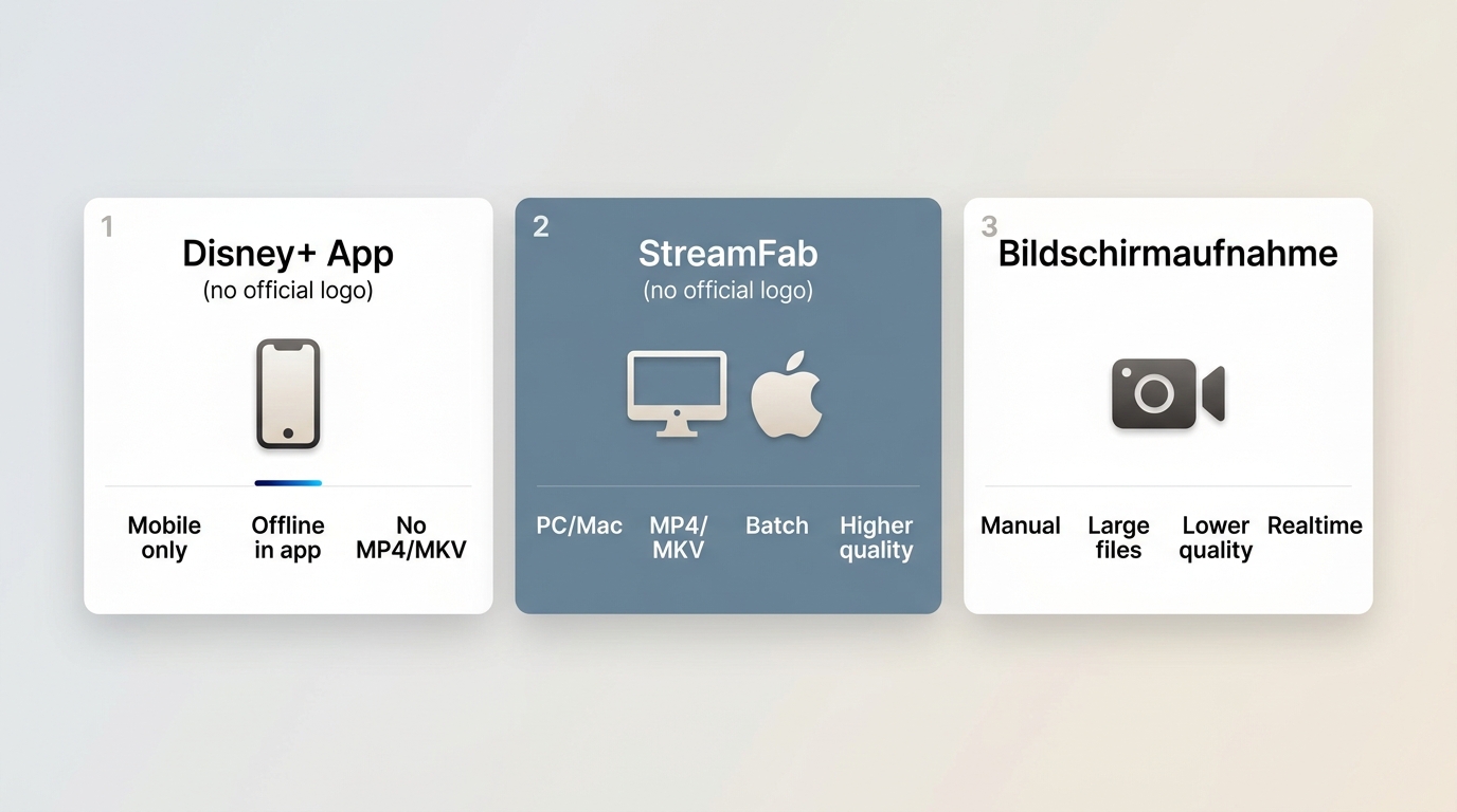 Vergleich von Disney+ App, StreamFab und Bildschirmaufnahme mit Geräten, MP4/MKV und Fehlern