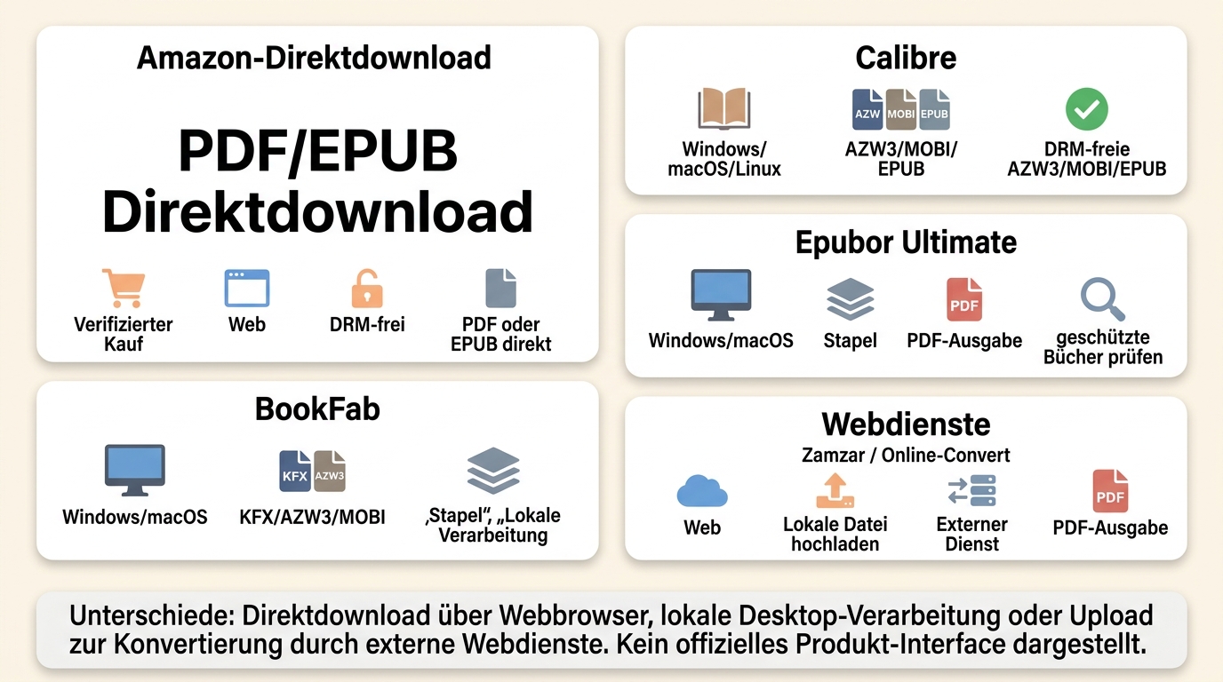 Vergleich von Amazon, BookFab, Calibre, Epubor und Online-Convert für Kindle-zu-PDF.