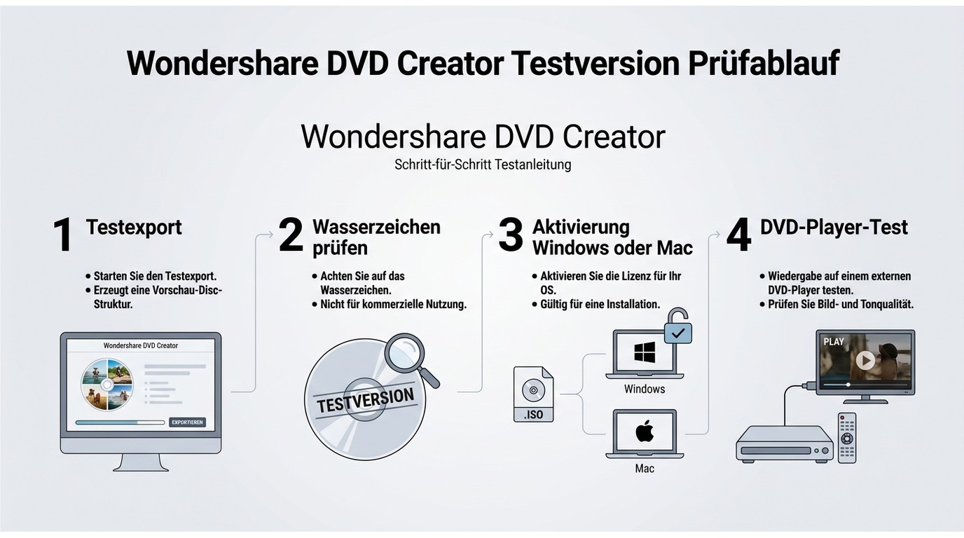 Prüfablauf für Wondershare-Testversion mit Export, Wasserzeichen, Aktivierung und DVD-Player-Test