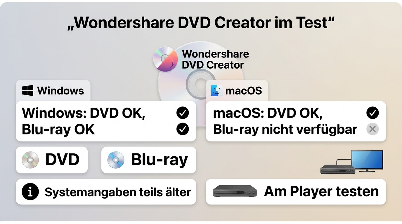 Überblick zu Wondershare DVD Creator mit Windows, macOS, DVD, Blu-ray und Player-Test