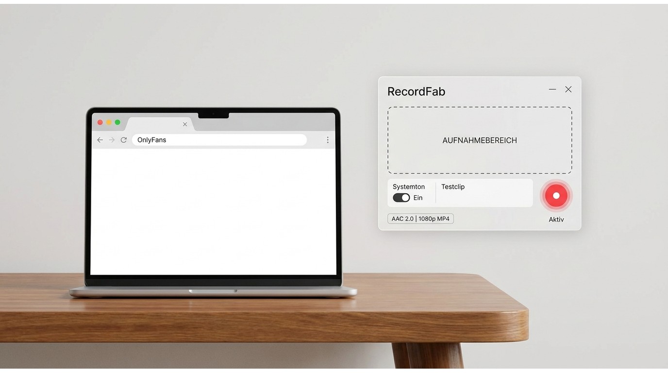 RecordFab unter Windows mit OnlyFans-Inhalt, Aufnahmebereich und aktivem Systemton.