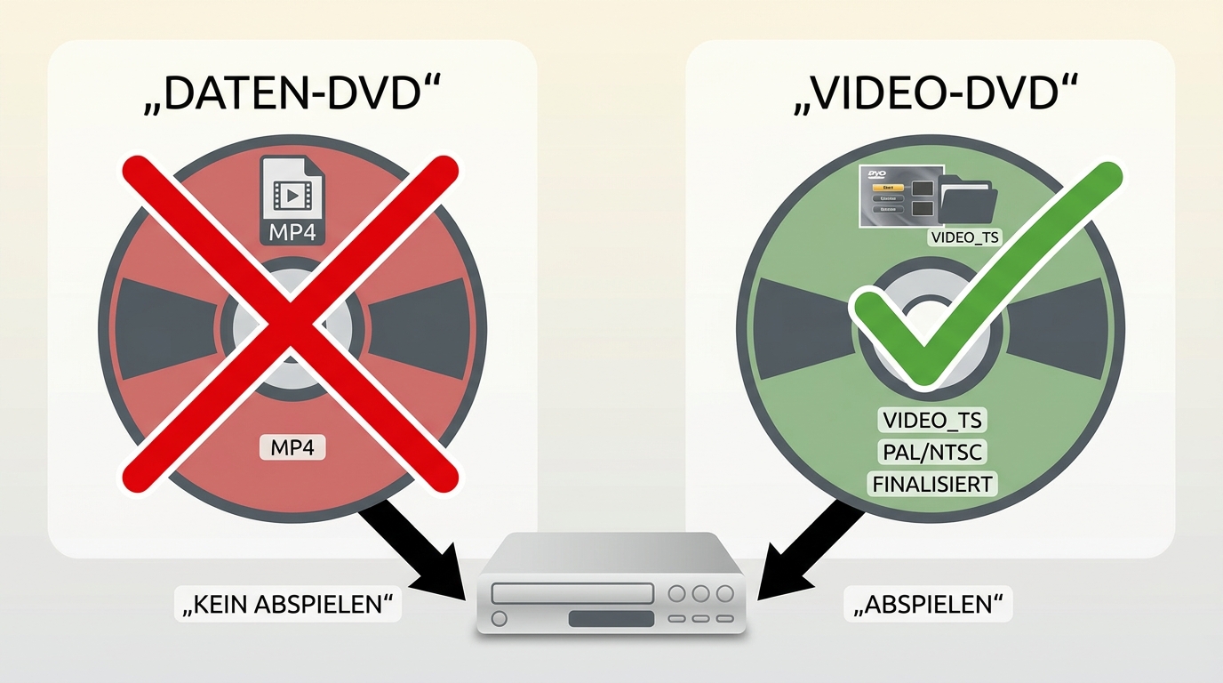 Vergleich von Daten-DVD mit MP4-Dateien und Video-DVD mit Menü, VIDEO_TS, PAL/NTSC