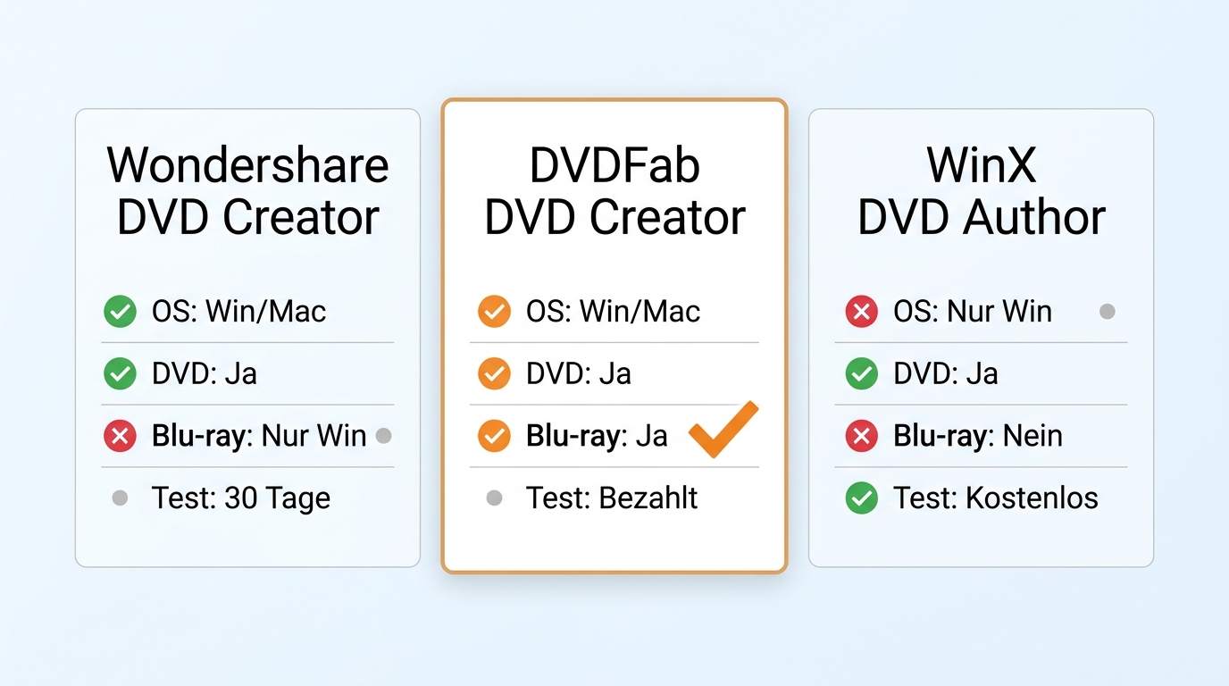 Vergleich von Wondershare DVD Creator, DVDFab DVD Creator und WinX DVD Author nach Plattform und Fun