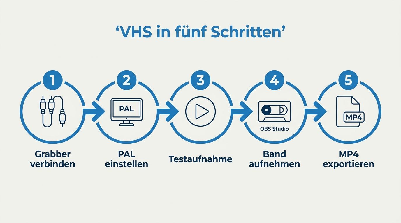 Fünf Schritte zur VHS-Digitalisierung: Grabber verbinden, PAL prüfen, Testaufnahme und Datei sichern