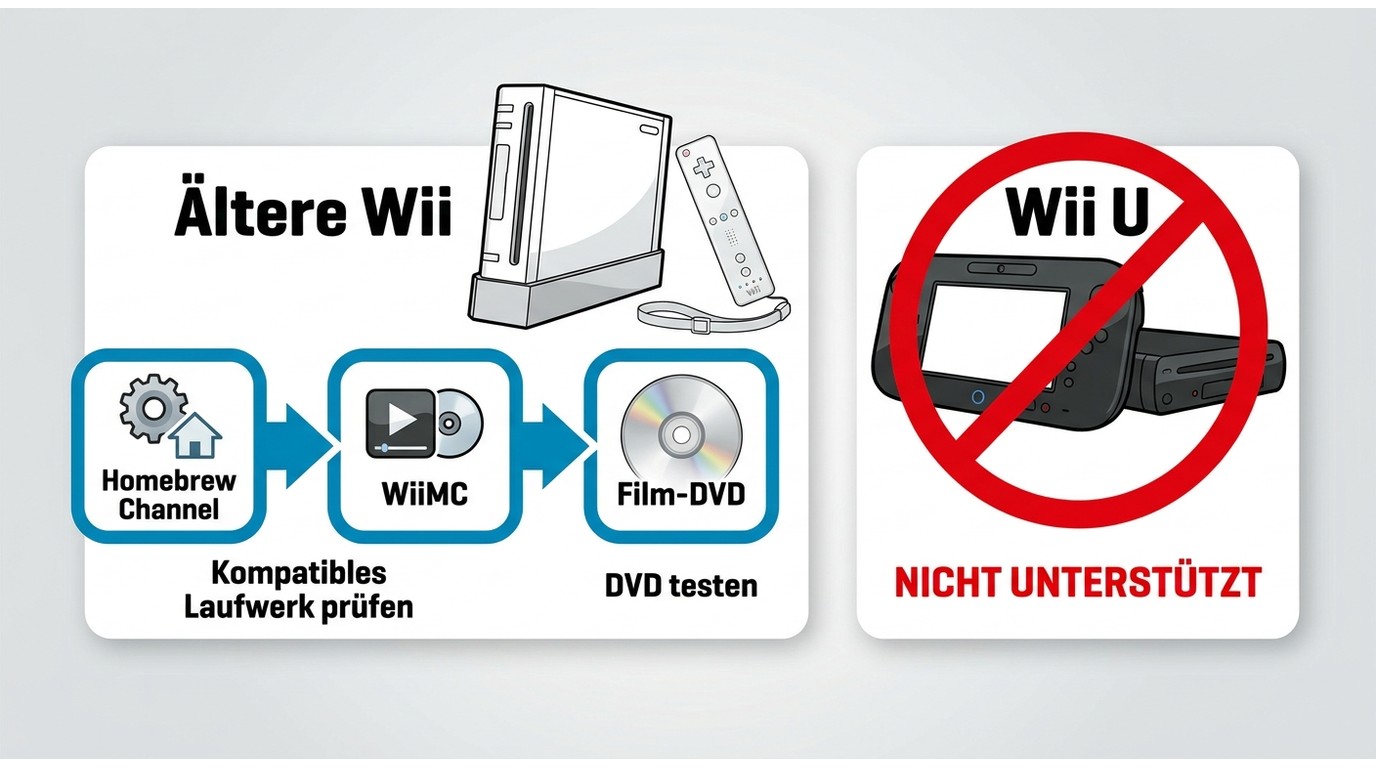 Vergleich des DVD-Wegs mit WiiMC auf älterer Wii und Ausschluss der Wii U