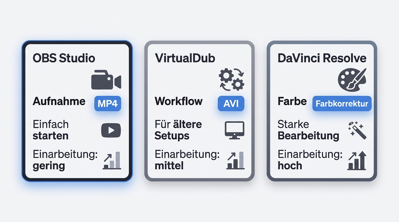 OBS Studio, VirtualDub und DaVinci Resolve für VHS-Aufnahme und Nachbearbeitung im Vergleich