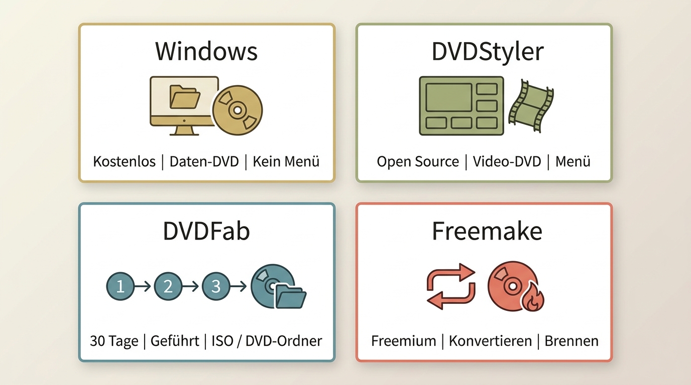 Windows-Bordmittel, DVDStyler, DVDFab DVD Creator, Freemake und DVD Flick im Vergleich