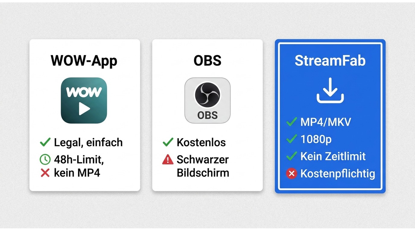 Vergleich von WOW App, Bildschirmaufnahme und lokalem MP4 Download