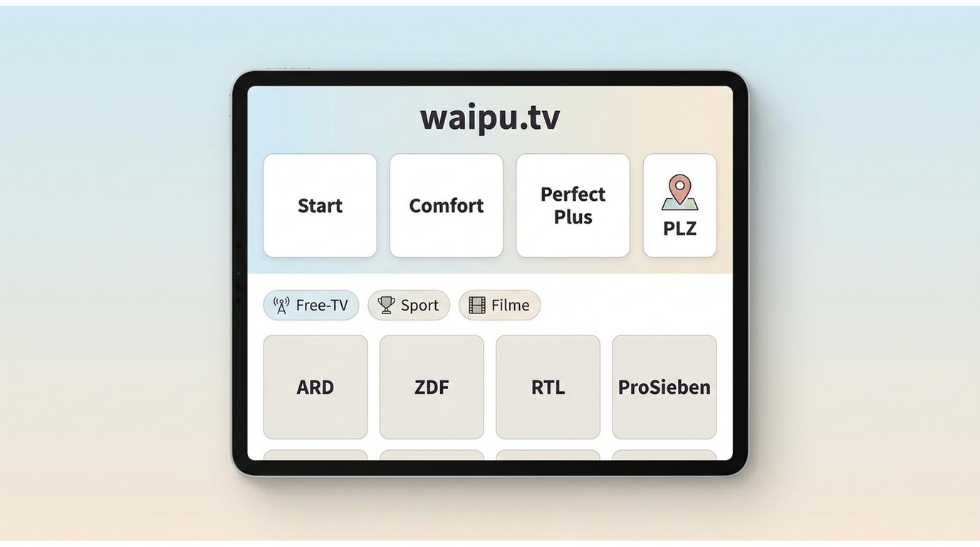 waipu.tv-Senderliste mit Paketwahl, PLZ-Suche und Filtern für Senderkategorien.