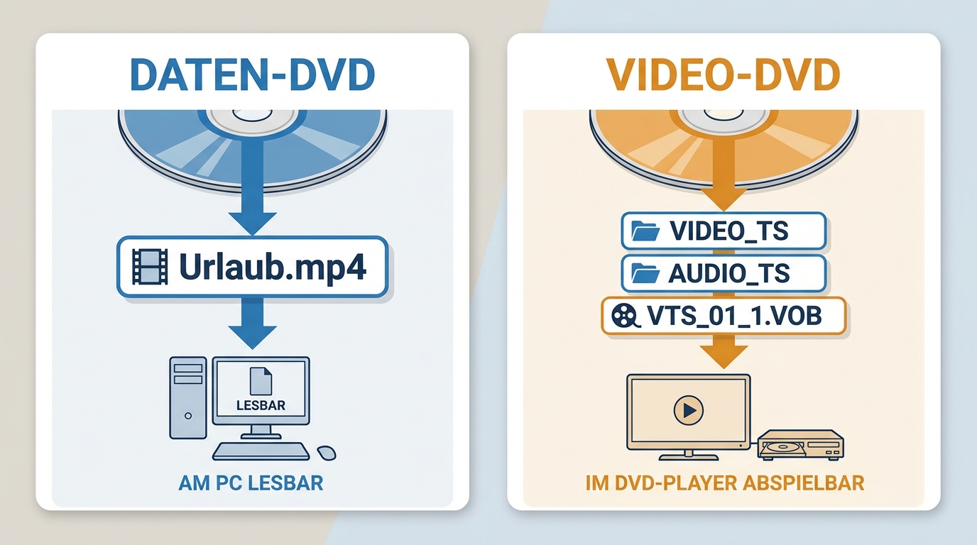 Vergleich von Daten-DVD mit MP4 und Video-DVD mit VIDEO_TS für DVD-Player