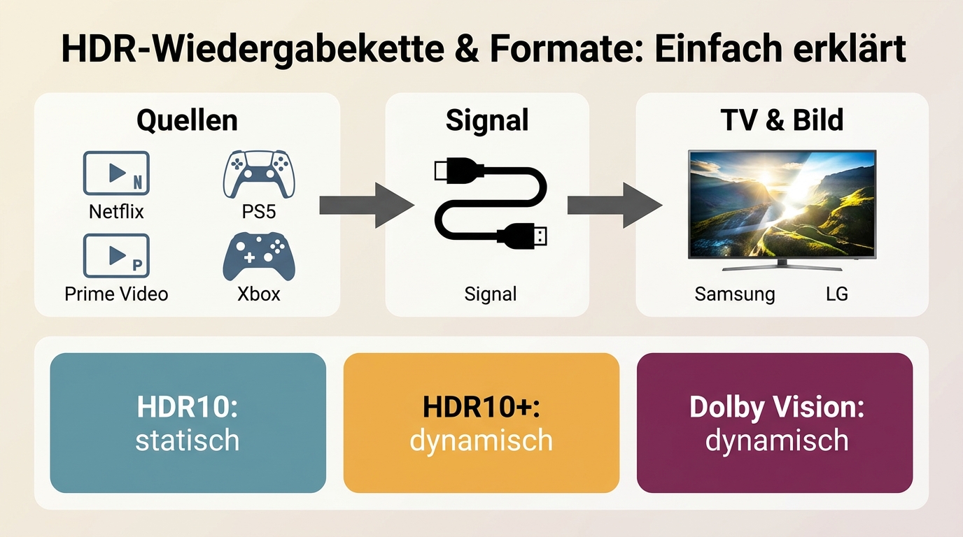 Wiedergabekette von Netflix, Prime Video, PS5 und Xbox bis zur sichtbaren HDR-Wirkung