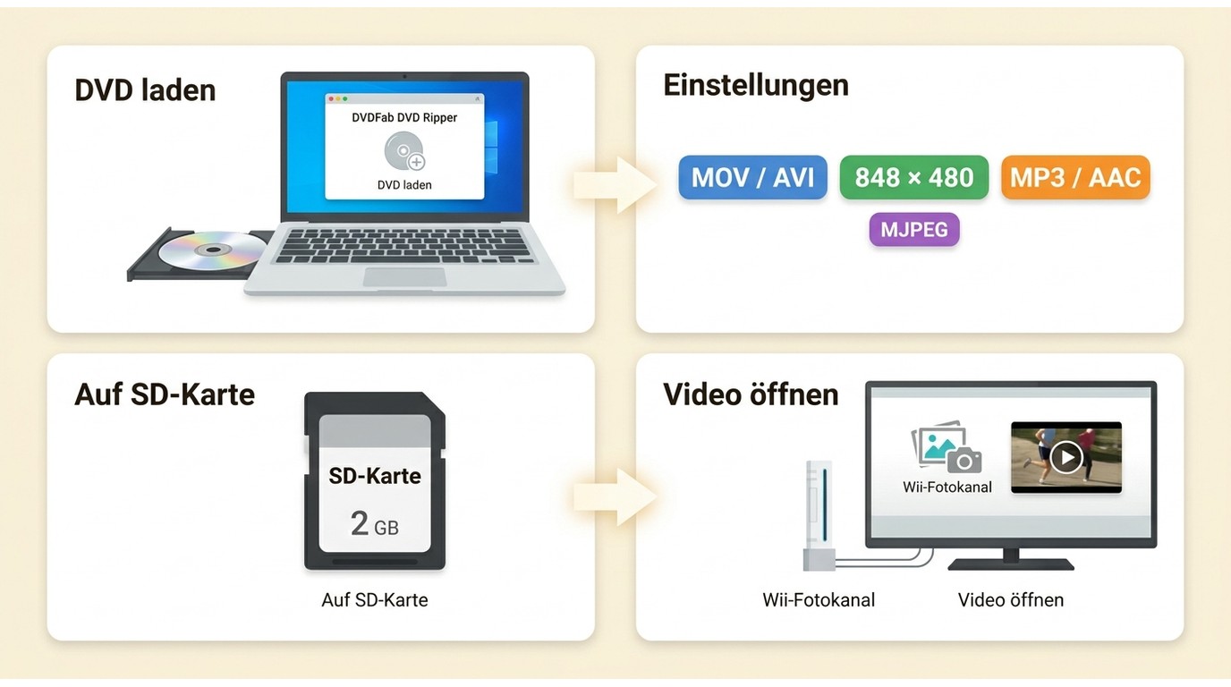 Ablauf von DVDFab DVD Ripper über SD-Karte bis zur Video-Wiedergabe im Wii-Fotokanal