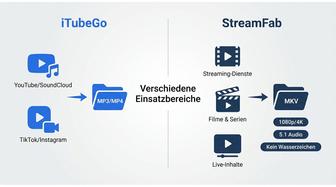 Vergleich iTubeGo vs StreamFab: iTubeGo für YouTube/TikTok/SoundCloud, StreamFab für Netflix/Prime/D