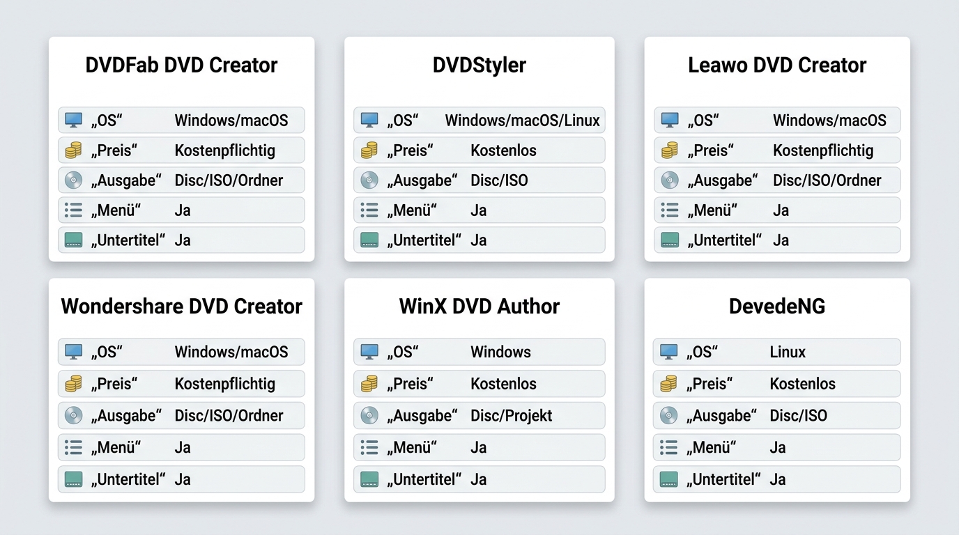 Vergleich von DVDFab, DVDStyler, Leawo, Wondershare, WinX DVD Author und DevedeNG