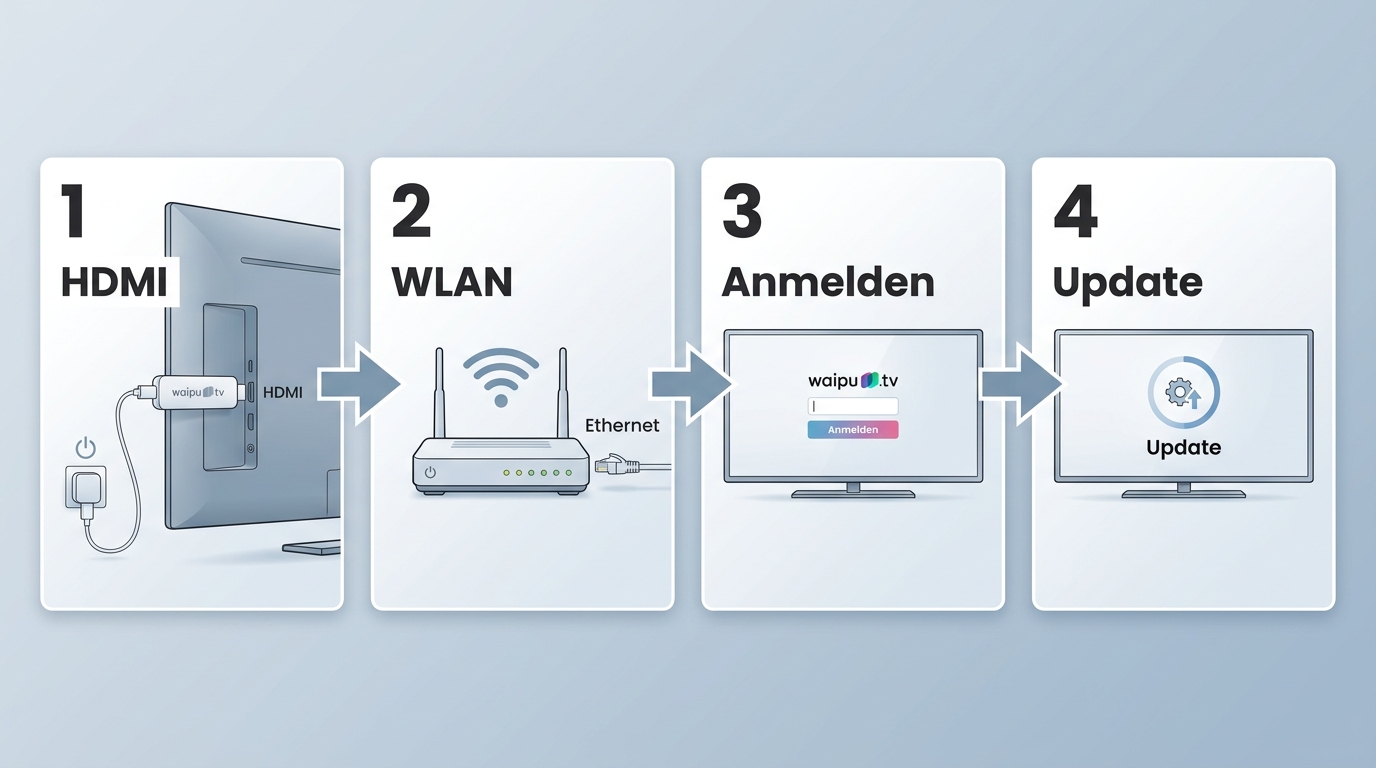 Einrichtung des waipu.tv Stick mit HDMI, WLAN oder Ethernet, Kontoanmeldung und Systemupdate.