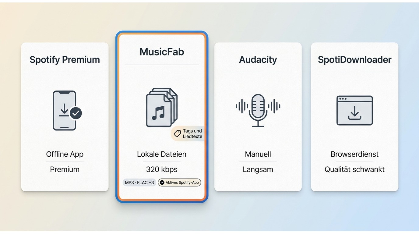 Vergleich von Spotify Premium, MusicFab, Audacity und SpotiDownloader nach Dateien, Aufwand und Qual