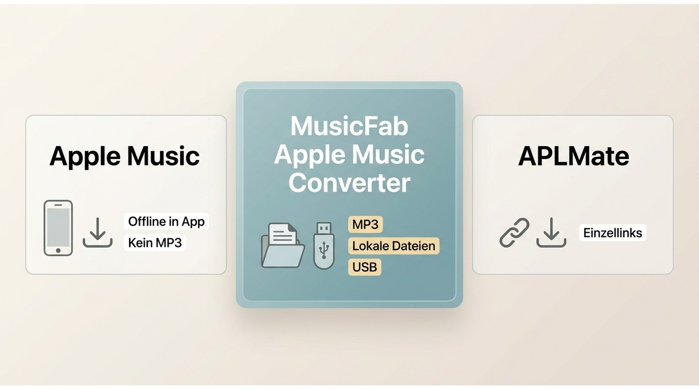 Vergleich von Apple Music, MusicFab und APLMate für Offline-Titel, lokale Dateien und MP3.