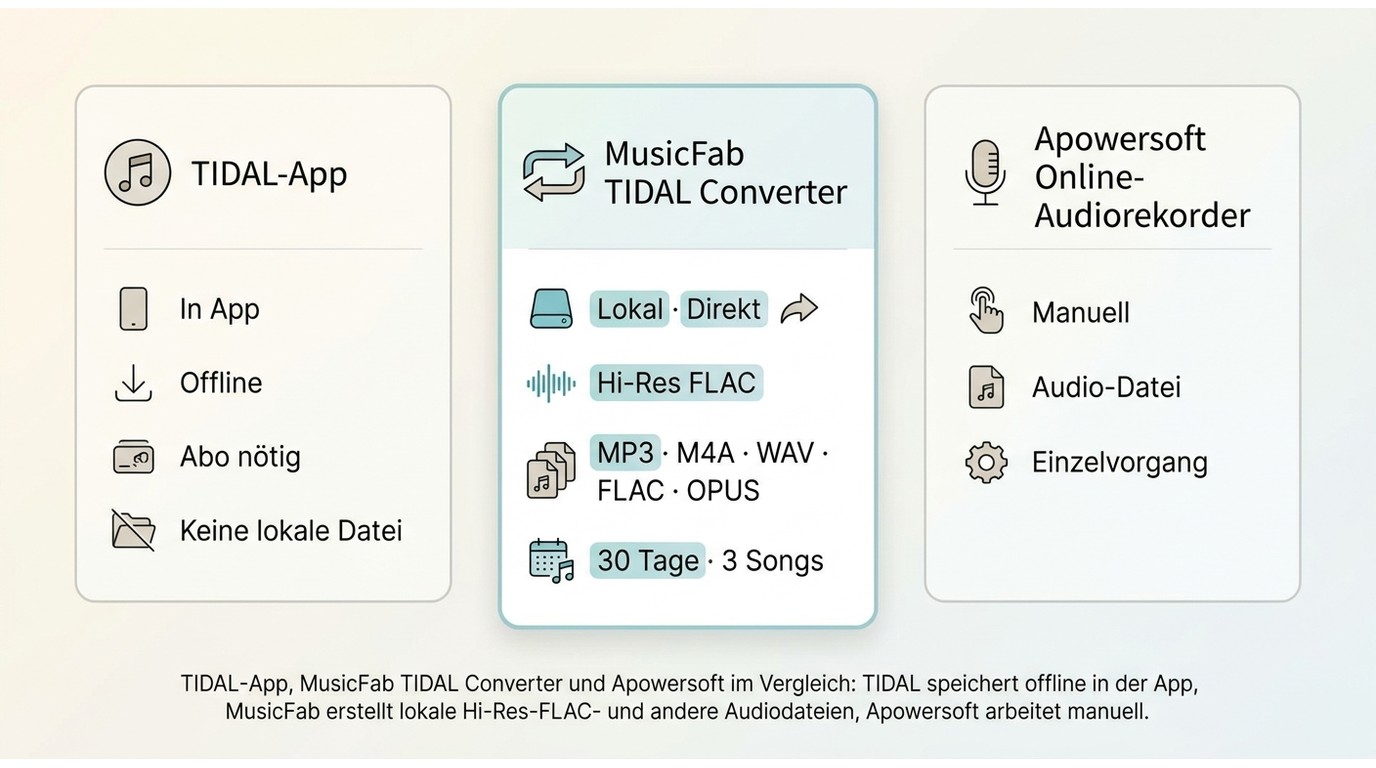 Vergleich von TIDAL-App, MusicFab und Apowersoft bei Dateien, Formaten und Aufwand.