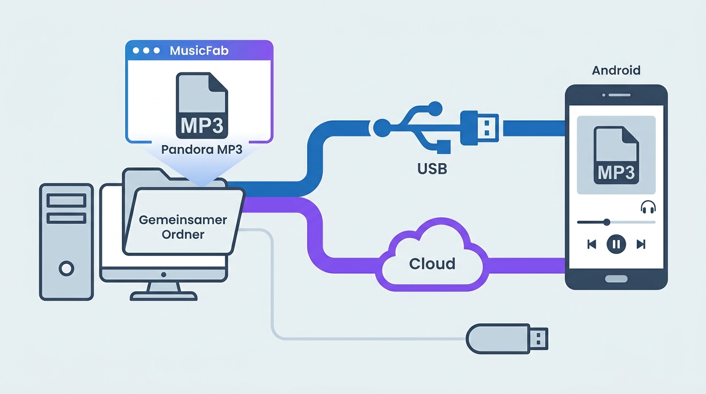 Übertragung lokaler Pandora-MP3 vom Windows-PC oder Mac auf Android und USB-Stick.