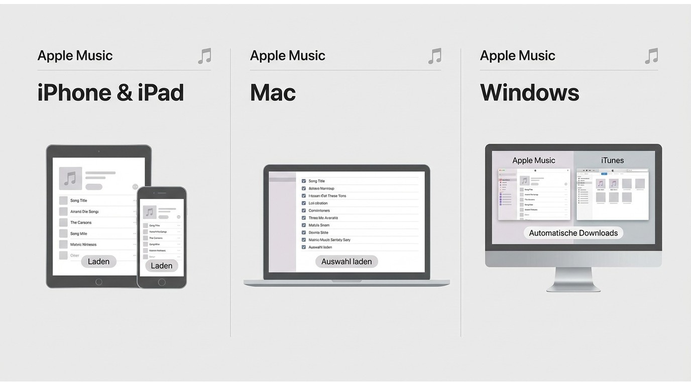 Apple-Music-Downloads vieler Titel auf iPhone, Mac und Windows im Vergleich.