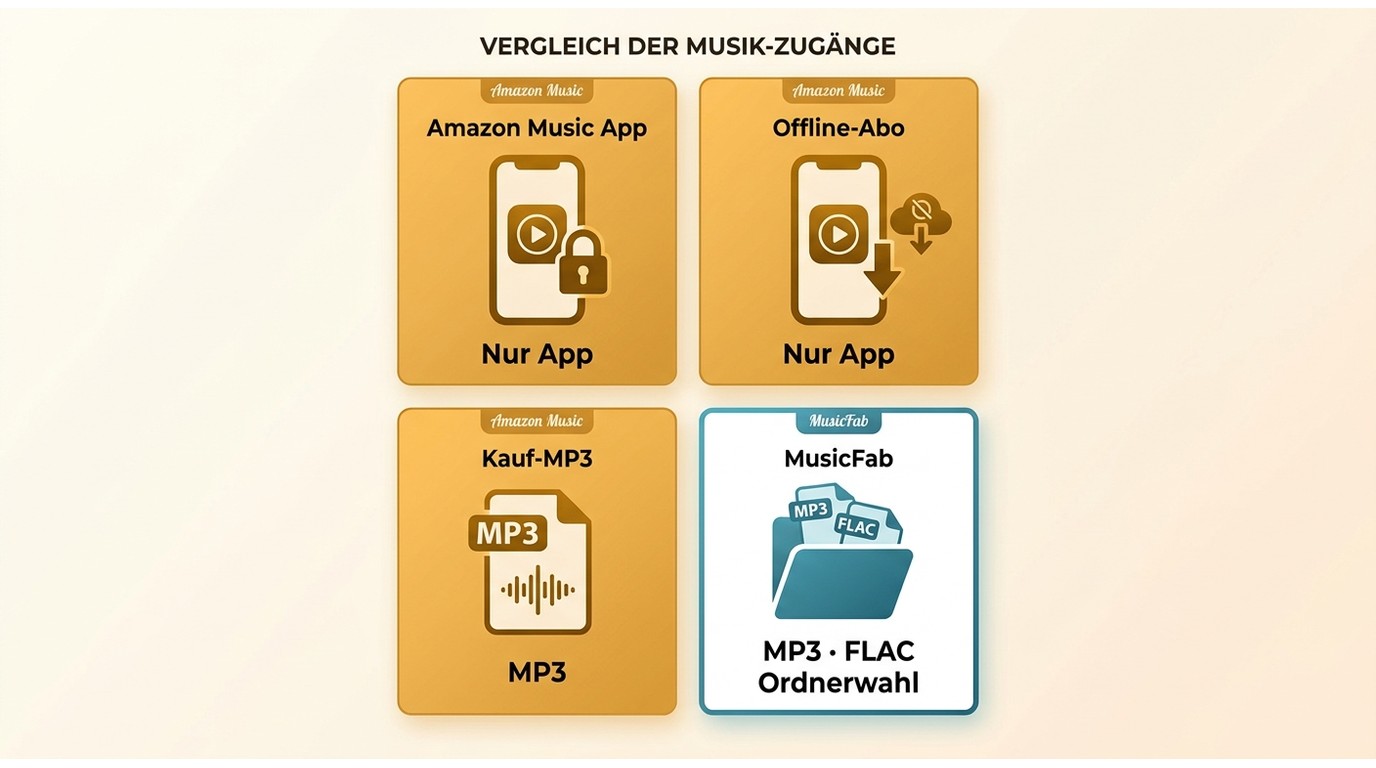 Vergleich von Amazon Music App, Offline-Download, Kauf-MP3 und MusicFab nach Dateizugriff.