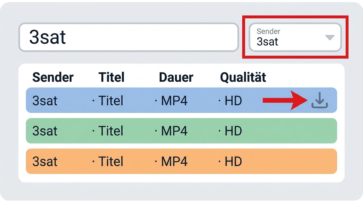 MediathekView mit Sender-Filter '3sat' und Trefferliste mehrerer Sendungen zum Herunterladen