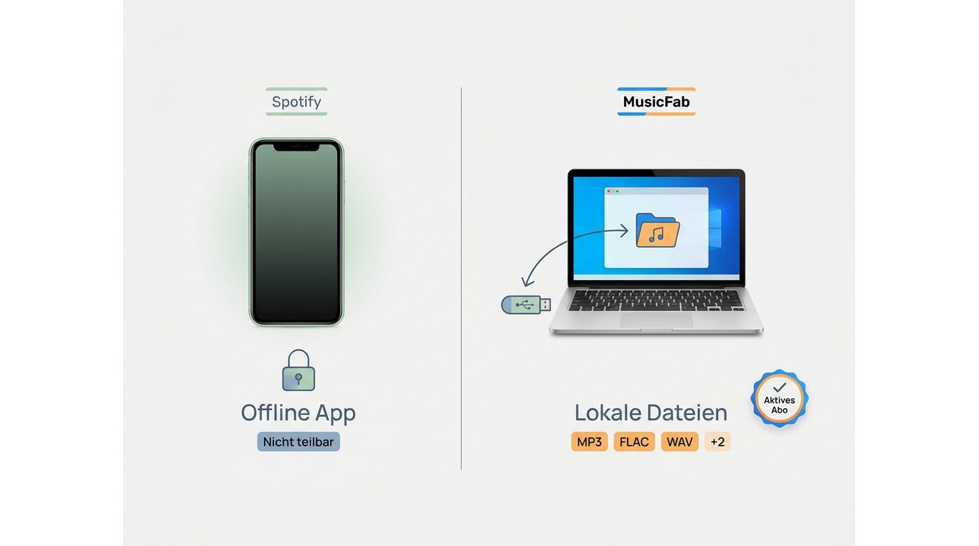Spotify-Offline-Downloads bleiben in der App, lokale MusicFab-Dateien können auf USB gespeichert wer