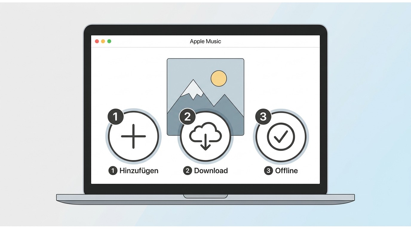 Apple Music mit Plus-Symbol, Download-Wolke und Häkchen für offline gespeicherte Titel.