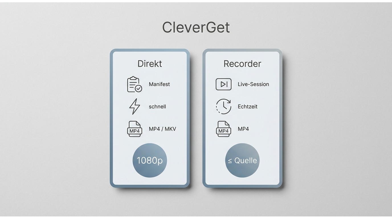 Vergleich von CleverGet Direktdownload und Recorder-Modus mit Tempo, Format und Auflösung