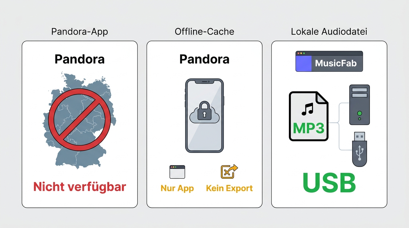 Vergleich von Pandora-App, Offline-Cache und lokaler Audiodatei für Geräte und USB-Stick.