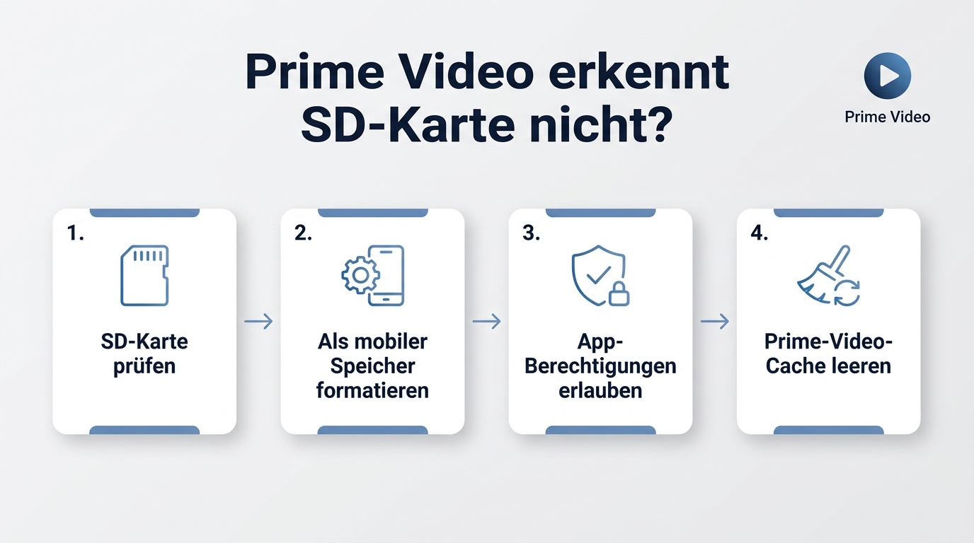 Flussdiagramm zur Fehlersuche wenn Prime Video SD-Karte nicht erkennt: Karte, Format, Berechtigungen