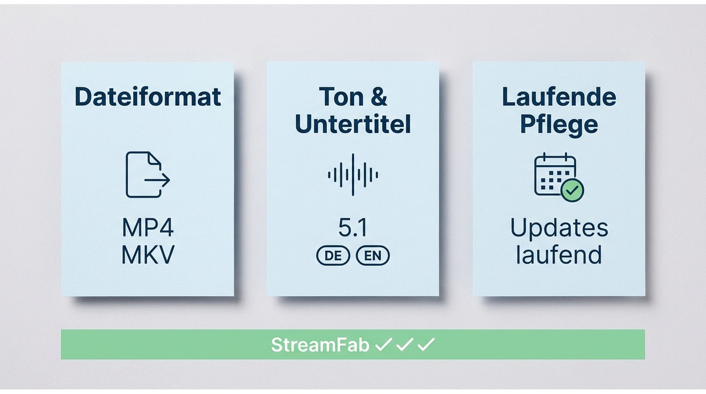 Drei Auswahlkriterien für eine AnyStream-Alternative: Dateiformat (MP4/MKV), Ton und Untertitel, lau