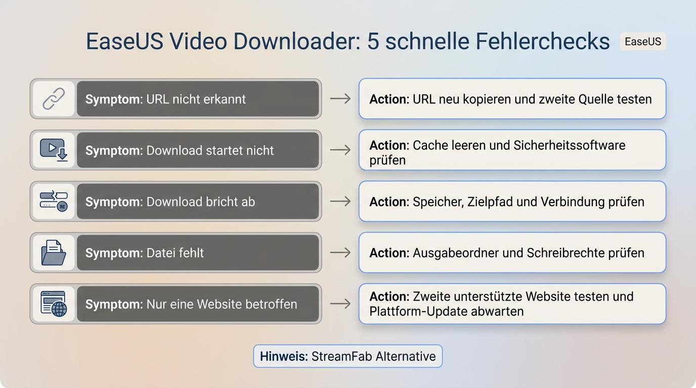 EaseUS Video Downloader Fehlerdiagnose: 5 Symptome mit je einem Nächster-Schritt-Hinweis